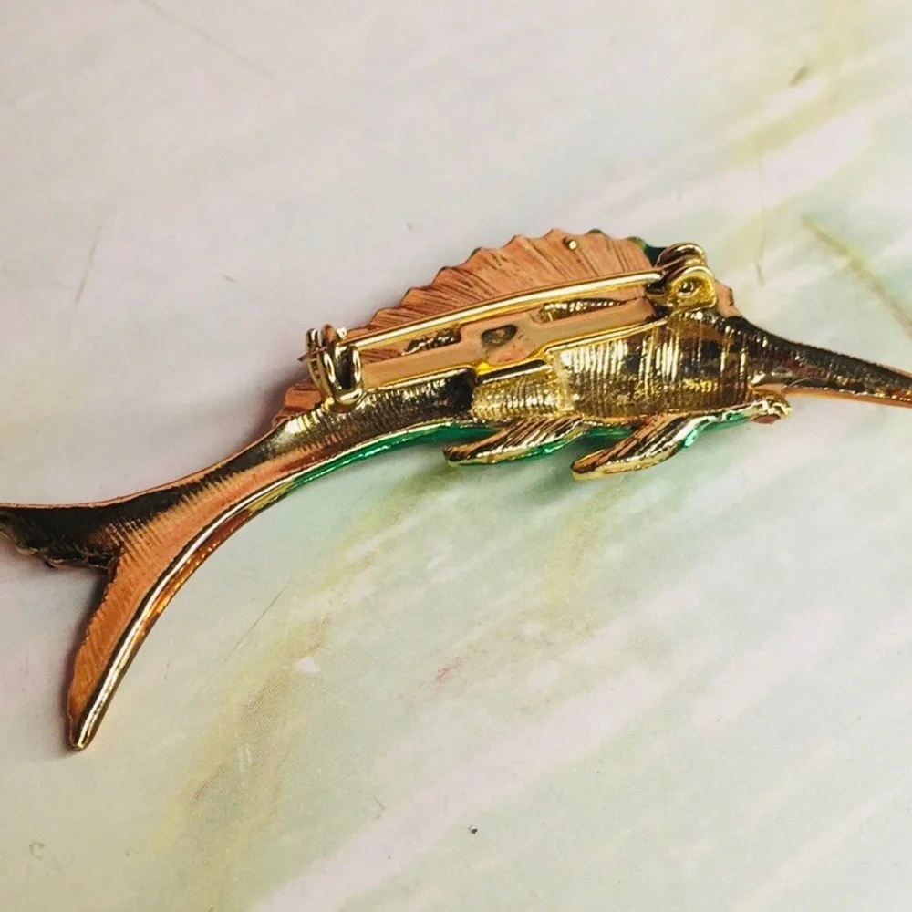 Vintage 50s Gold and Green Aurora Borealis Enamel  Rhinestone Sailfish Brooch